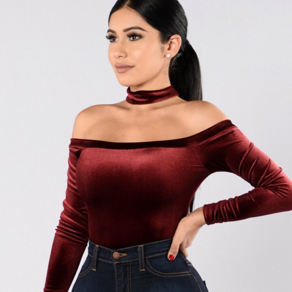 Burgundy choker bodysuit.